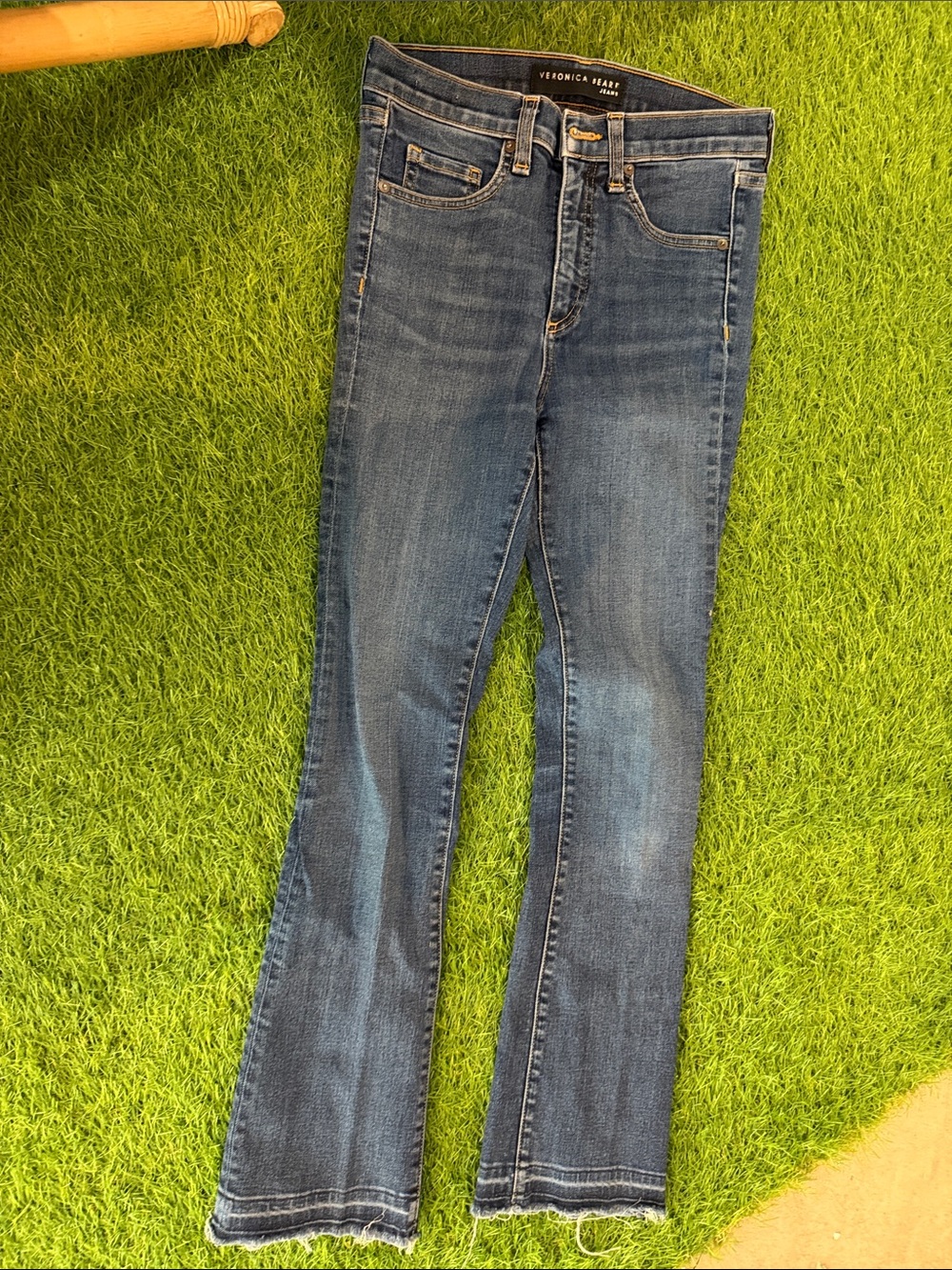 Veronica Beard Carolyne 10” baby boot Blue Flare Jeans with vintage fray